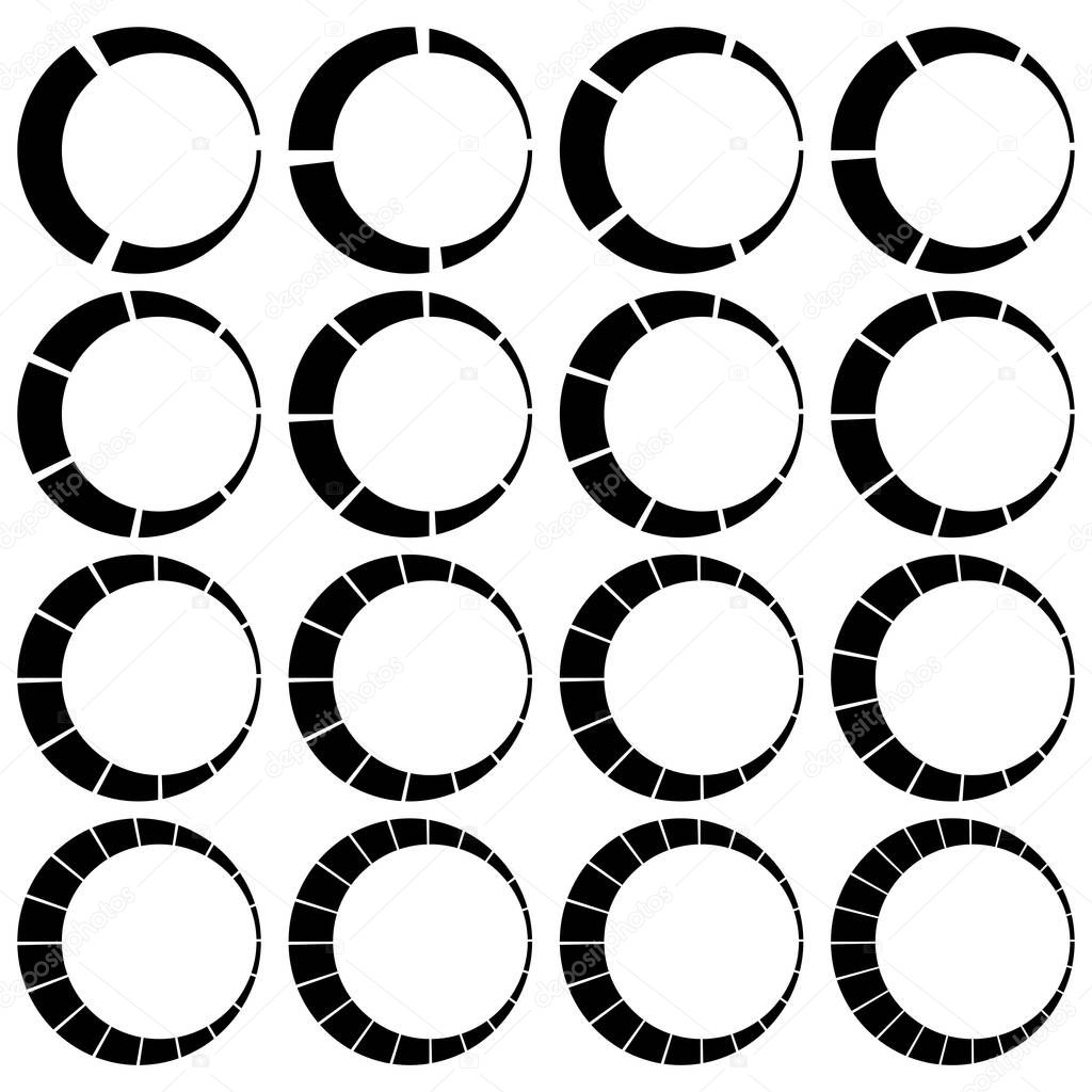 Segmented, divided circles with 3, 4, 5, 6, 7, 8, 9, 10, 12, 14, 15, 16, 18, 20, 22, 24 parts, sections. Pie chart, pie graph-like infographic element - stock vector illustration, clip-art graphics