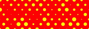 Pop sanat, kırmızı sarı çizgi roman arka planı. Rastgele noktalar, noktalı, daireler, doku elementleri. 1960 'lar, 1970' ler Andy Warhole, Roy Lichtenstein sanat arkaplanı - hisse senedi vektör illüstrasyonu, klip sanatı
