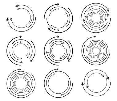 Rastgele dairesel, döngüsel ok elementi. Spiral, spin, dönen oklar - stok vektör illüstrasyonu, klip- sanat grafikleri