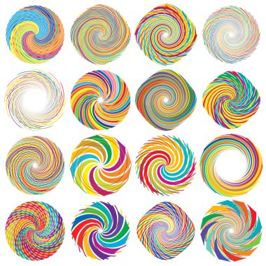 Twist, whirlwind, whirlpool elements. Vortex, volute element set. Circular concentric lines with rotation distortion clipart