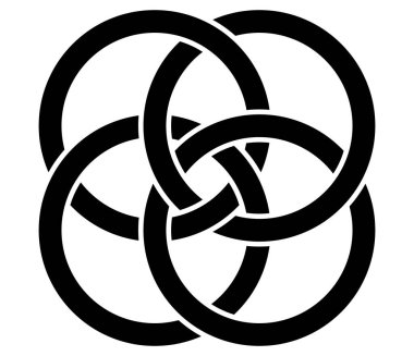 Birbirine bağlı, kesişen daireler, soyut sembolik şekiller, simgeler.