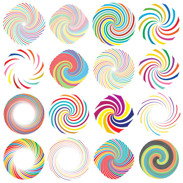 Twist, whirlwind, whirlpool elements. Vortex, volute element set. Circular concentric lines with rotation distortion