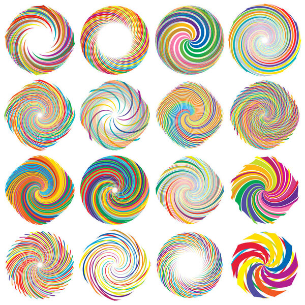 Twist, whirlwind, whirlpool elements. Vortex, volute element set. Circular concentric lines with rotation distortion