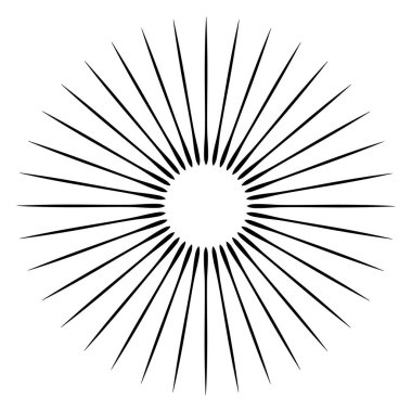 Radikal, birleşen, radikal çizgiler. Soyut dairesel element. Işınlar, ışınlar, ışıltı ve parıltı vektör çizimi