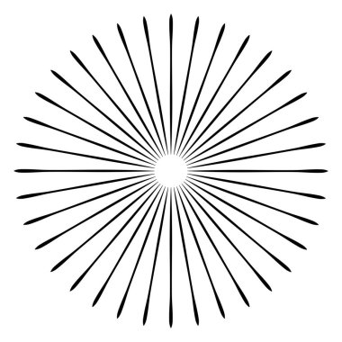 Radikal, birleşen, radikal çizgiler. Soyut dairesel element. Işınlar, ışınlar, ışıltı ve parıltı vektör çizimi