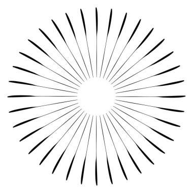 Radikal, birleşen, radikal çizgiler. Soyut dairesel element. Işınlar, ışınlar, ışıltı ve parıltı vektör çizimi