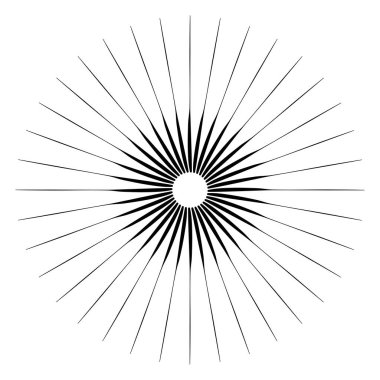 Radikal, birleşen, radikal çizgiler. Soyut dairesel element. Işınlar, ışınlar, ışıltı ve parıltı vektör çizimi