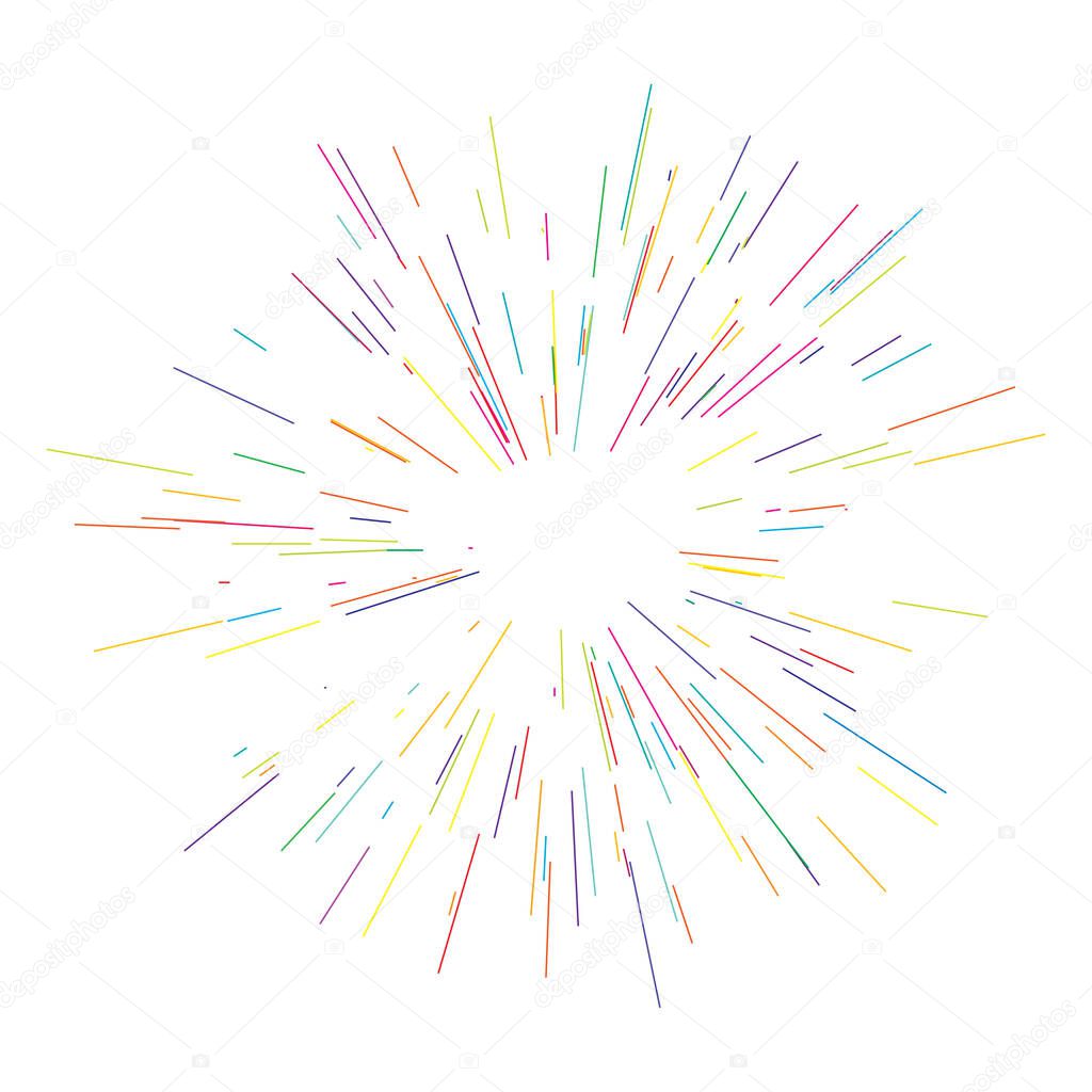 Radiate colorful lines, rays, beams. Radiating, radial multicolor sun, starburst with random lines