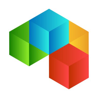 3d küp simgesi, sembol çizimi. Bina, kargo ikonu. Kübik, kübizm grafiği