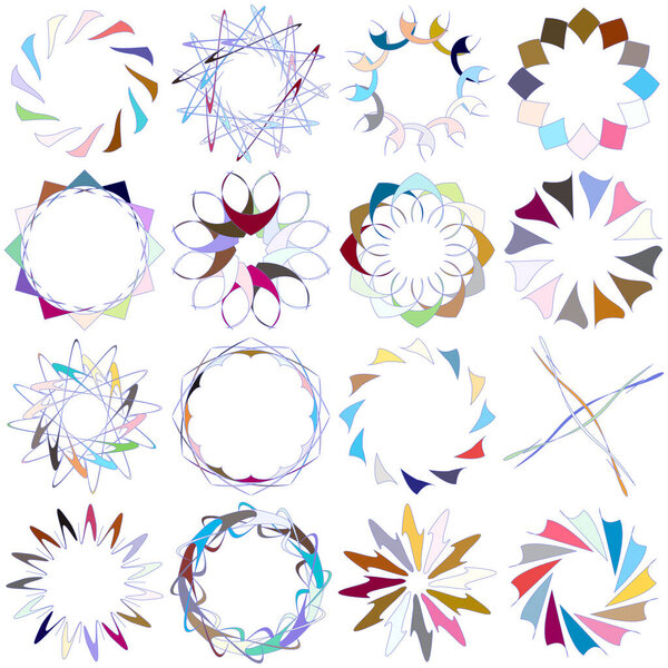 Абстрактный набор геометрических элементов из 16. Кристаллический, абстрактный круглый, радиальный мотив. Значок Мандала, символ