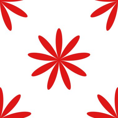 Basit kırmızı çiçekler, pürüzsüz yapraklar, tekrarlanabilir desenler, arka plan. Doğa, ekoloji, botanik ve bahçecilik konsepti. Çiçek siluetleri, semboller ve motifler tekrarlanan doku. Stock vektör illüstrasyonu, klip- art grafikleri