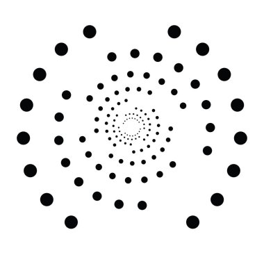 Noktalı, noktalı, daireli, merkezli, radyal ikon. Sarmal, kıvrımlı, kıvrımlı ve kıvrımlı tasarım öğesi. Polkadotlar, noktacı, yarım tonlu grafikler