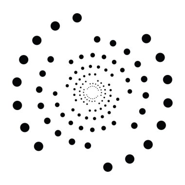 Noktalı, noktalı, daireli, merkezli, radyal ikon. Sarmal, kıvrımlı, kıvrımlı ve kıvrımlı tasarım öğesi. Polkadotlar, noktacı, yarım tonlu grafikler