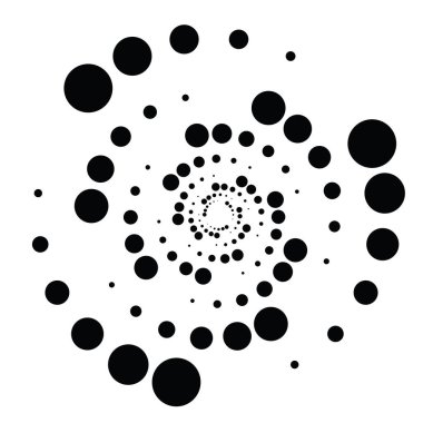 Noktalı, noktalı, daireli, merkezli, radyal ikon. Sarmal, kıvrımlı, kıvrımlı ve kıvrımlı tasarım öğesi. Polkadotlar, noktacı, yarım tonlu grafikler