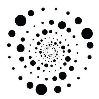 Noktalı, noktalı, daireli, merkezli, radyal ikon. Sarmal, kıvrımlı, kıvrımlı ve kıvrımlı tasarım öğesi. Polkadotlar, noktacı, yarım tonlu grafikler