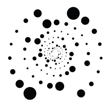 Noktalı, noktalı, daireli, merkezli, radyal ikon. Sarmal, kıvrımlı, kıvrımlı ve kıvrımlı tasarım öğesi. Polkadotlar, noktacı, yarım tonlu grafikler