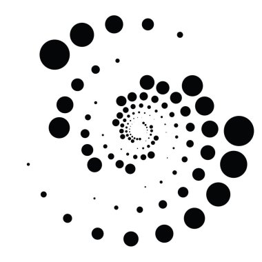 Noktalı, noktalı, daireli, merkezli, radyal ikon. Sarmal, kıvrımlı, kıvrımlı ve kıvrımlı tasarım öğesi. Polkadotlar, noktacı, yarım tonlu grafikler