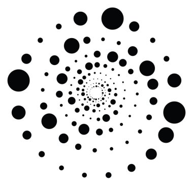 Noktalı, noktalı, daireli, merkezli, radyal ikon. Sarmal, kıvrımlı, kıvrımlı ve kıvrımlı tasarım öğesi. Polkadotlar, noktacı, yarım tonlu grafikler