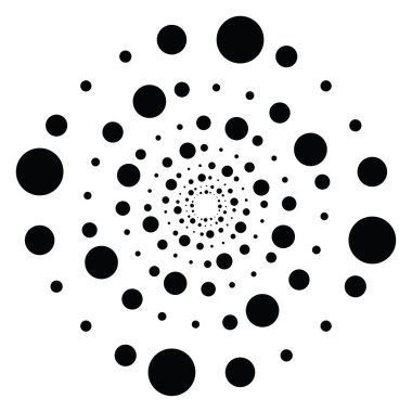 Noktalı, noktalı, daireli, merkezli, radyal ikon. Sarmal, kıvrımlı, kıvrımlı ve kıvrımlı tasarım öğesi. Polkadotlar, noktacı, yarım tonlu grafikler