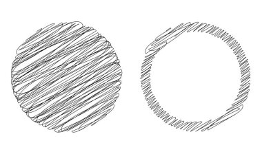 Çember ve halka çizimi, karalama, rastgele çizgiler vektör elementlerini karala. Kıvrımlı, kıvrımlı çizgiler daireler