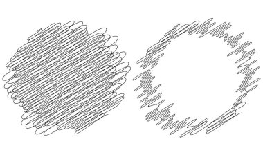 Çember ve halka çizimi, karalama, rastgele çizgiler vektör elementlerini karala. Kıvrımlı, kıvrımlı çizgiler daireler