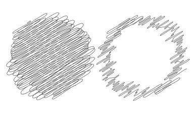 Çember ve halka çizimi, karalama, rastgele çizgiler vektör elementlerini karala. Kıvrımlı, kıvrımlı çizgiler daireler