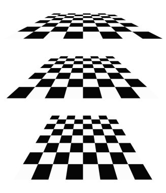 3D satranç tahtası, perspektifte dama tahtası deseni. Damalı, kareli çekler uçaklar kayboluyor, ufukta kayboluyor.