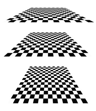 3D satranç tahtası, perspektifte dama tahtası deseni. Damalı, kareli çekler uçaklar kayboluyor, ufukta kayboluyor.