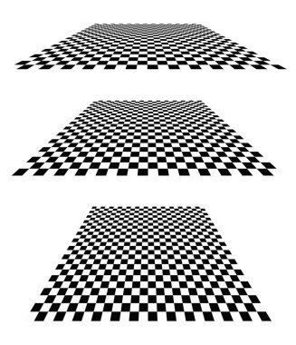 3D satranç tahtası, perspektifte dama tahtası deseni. Damalı, kareli çekler uçaklar kayboluyor, ufukta kayboluyor.
