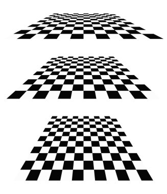 3D satranç tahtası, perspektifte dama tahtası deseni. Damalı, kareli çekler uçaklar kayboluyor, ufukta kayboluyor.