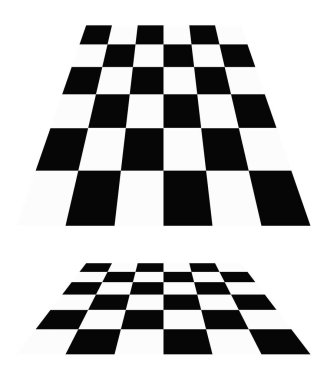3D satranç tahtası, perspektifte dama tahtası deseni. Damalı, kareli çekler uçaklar kayboluyor, ufukta kayboluyor.