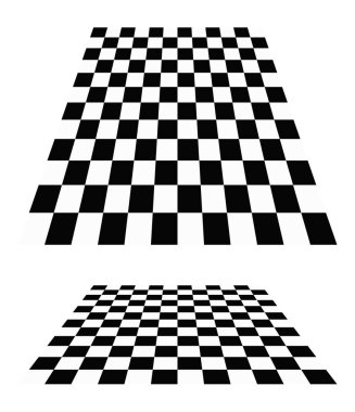 3D satranç tahtası, perspektifte dama tahtası deseni. Damalı, kareli çekler uçaklar kayboluyor, ufukta kayboluyor.