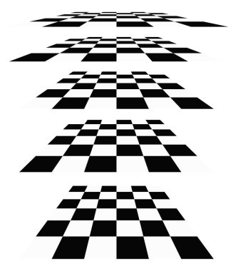 3D satranç tahtası, perspektifte dama tahtası deseni. Damalı, kareli çekler uçaklar kayboluyor, ufukta kayboluyor.