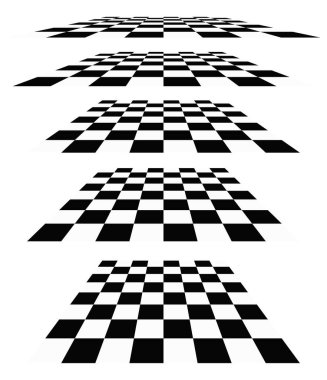 3D satranç tahtası, perspektifte dama tahtası deseni. Damalı, kareli çekler uçaklar kayboluyor, ufukta kayboluyor.