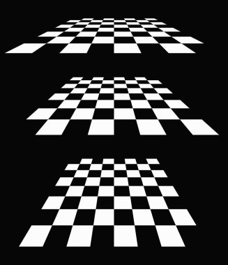 3D satranç tahtası, perspektifte dama tahtası deseni. Damalı, kareli çekler uçaklar kayboluyor, ufukta kayboluyor.