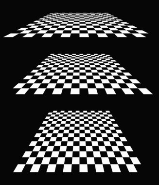 3D satranç tahtası, perspektifte dama tahtası deseni. Damalı, kareli çekler uçaklar kayboluyor, ufukta kayboluyor.