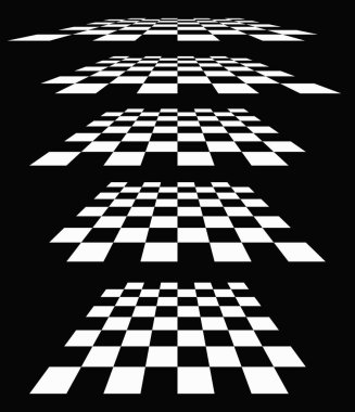 3D satranç tahtası, perspektifte dama tahtası deseni. Damalı, kareli çekler uçaklar kayboluyor, ufukta kayboluyor.
