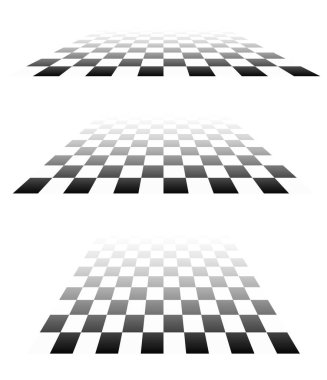 3D satranç tahtası, perspektifte dama tahtası deseni. Damalı, kareli çekler uçaklar kayboluyor, ufukta kayboluyor.