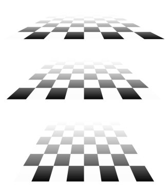 3D satranç tahtası, perspektifte dama tahtası deseni. Damalı, kareli çekler uçaklar kayboluyor, ufukta kayboluyor.