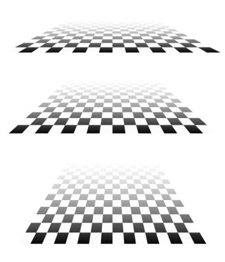 3D satranç tahtası, perspektifte dama tahtası deseni. Damalı, kareli çekler uçaklar kayboluyor, ufukta kayboluyor.