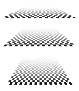 3D satranç tahtası, perspektifte dama tahtası deseni. Damalı, kareli çekler uçaklar kayboluyor, ufukta kayboluyor.
