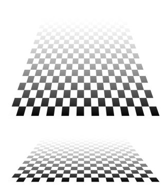 3D satranç tahtası, perspektifte dama tahtası deseni. Damalı, kareli çekler uçaklar kayboluyor, ufukta kayboluyor.