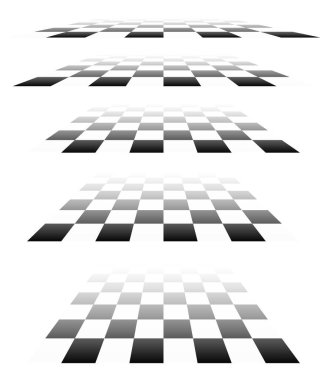 3D satranç tahtası, perspektifte dama tahtası deseni. Damalı, kareli çekler uçaklar kayboluyor, ufukta kayboluyor.