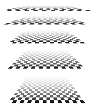 3D satranç tahtası, perspektifte dama tahtası deseni. Damalı, kareli çekler uçaklar kayboluyor, ufukta kayboluyor.