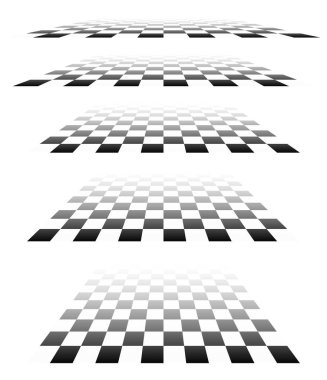 3D satranç tahtası, perspektifte dama tahtası deseni. Damalı, kareli çekler uçaklar kayboluyor, ufukta kayboluyor.