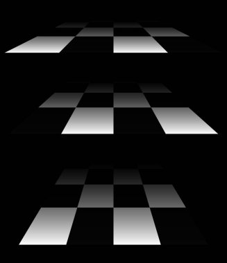 3D satranç tahtası, perspektifte dama tahtası deseni. Damalı, kareli çekler uçaklar kayboluyor, ufukta kayboluyor.