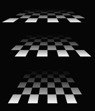 3D satranç tahtası, perspektifte dama tahtası deseni. Damalı, kareli çekler uçaklar kayboluyor, ufukta kayboluyor.