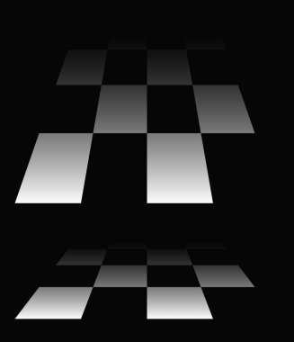 3D satranç tahtası, perspektifte dama tahtası deseni. Damalı, kareli çekler uçaklar kayboluyor, ufukta kayboluyor.