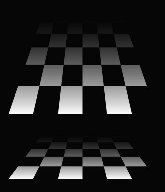 3D satranç tahtası, perspektifte dama tahtası deseni. Damalı, kareli çekler uçaklar kayboluyor, ufukta kayboluyor.