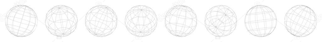 Wireframe, grid, mesh sphere, globe, ball vector illustration set. Stock vector illustration, clip-art graphics